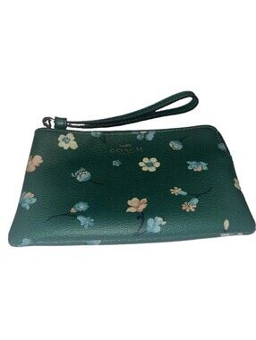 COACH C8701 Green Mystical Floral Print Corner Zip Wristlet Coated Canvas